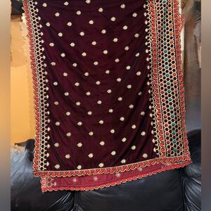 Velvet Embroidered Red Maroon Shawl